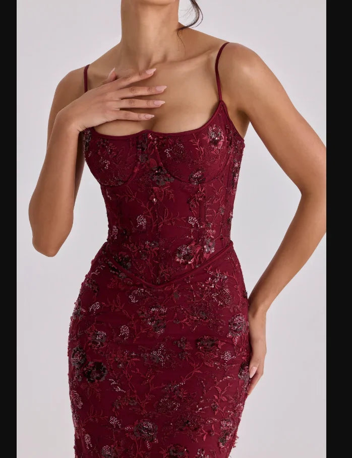 Retro Flora Sequin Maxi Sling Dress for Women