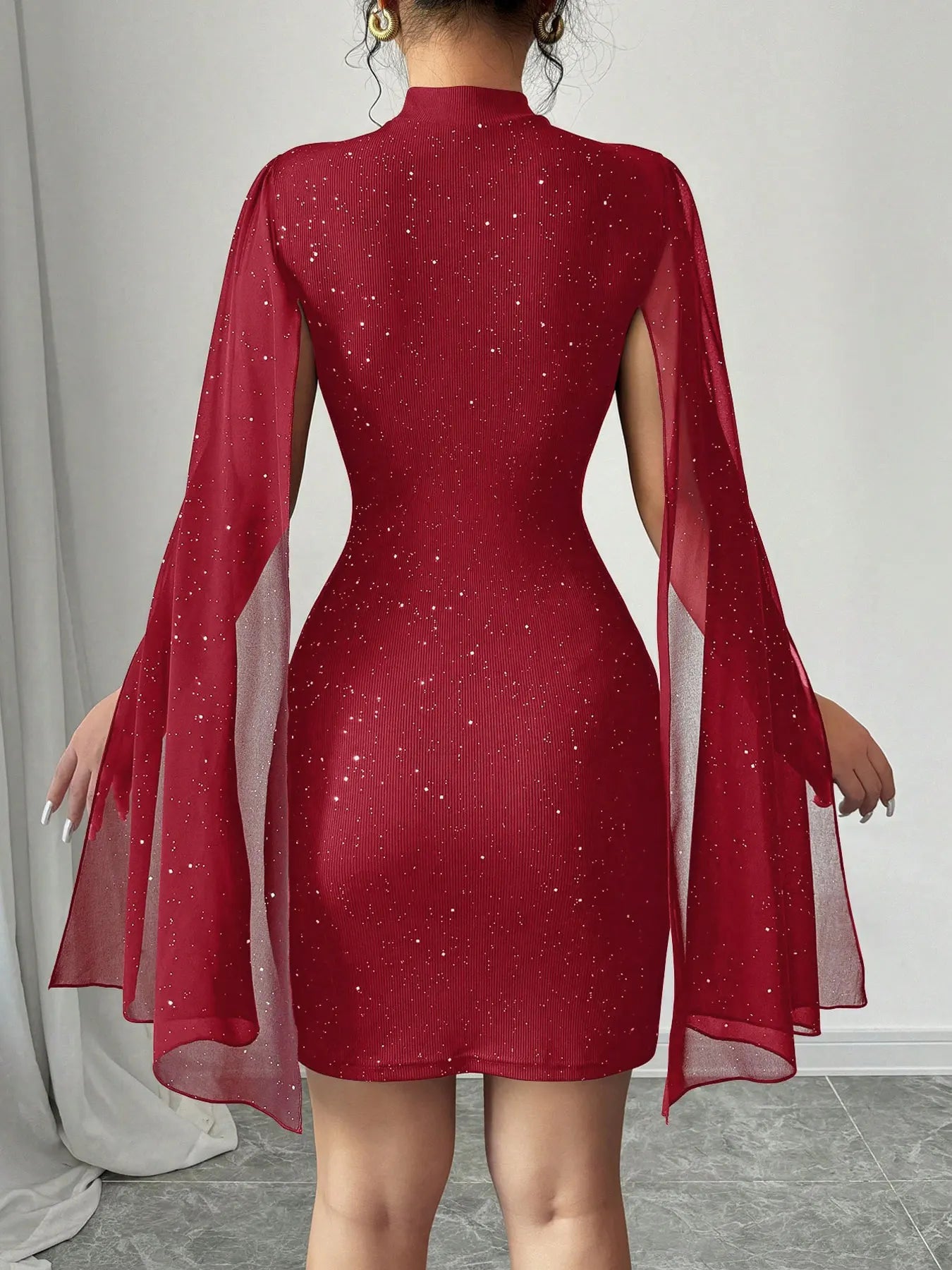 Sexy Women's Stand Collar Cape Mini Dress Sequins Sparkling Club Party