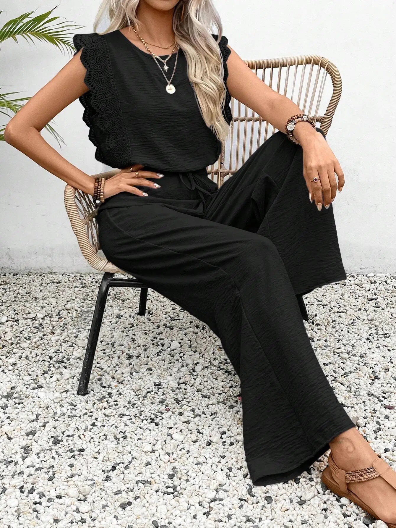 2026 Summer Women's Sleeveless O-Neck Top &amp; Elastic Waist Straight Pants 2-Piece Set