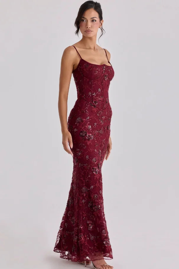 Retro Flora Sequin Maxi Sling Dress for Women