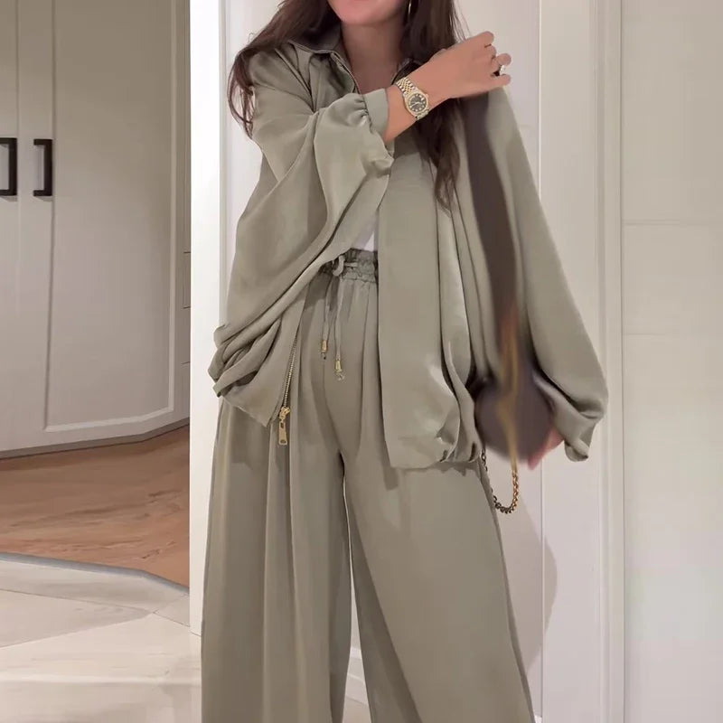 Fashion Elastic Waist Pants Sport Suit Elegant Zipper Jacket & Long Pant Outfits