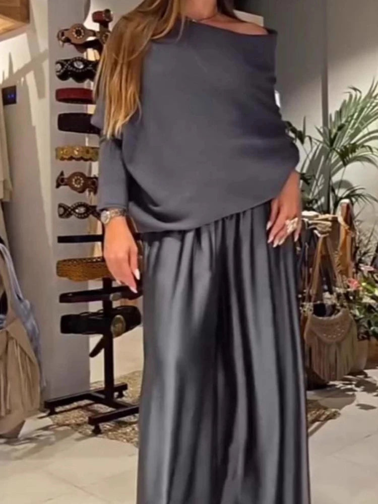 Elegant Slash Collar Off Shoulder Top&Satin Wide Leg Pants Sets