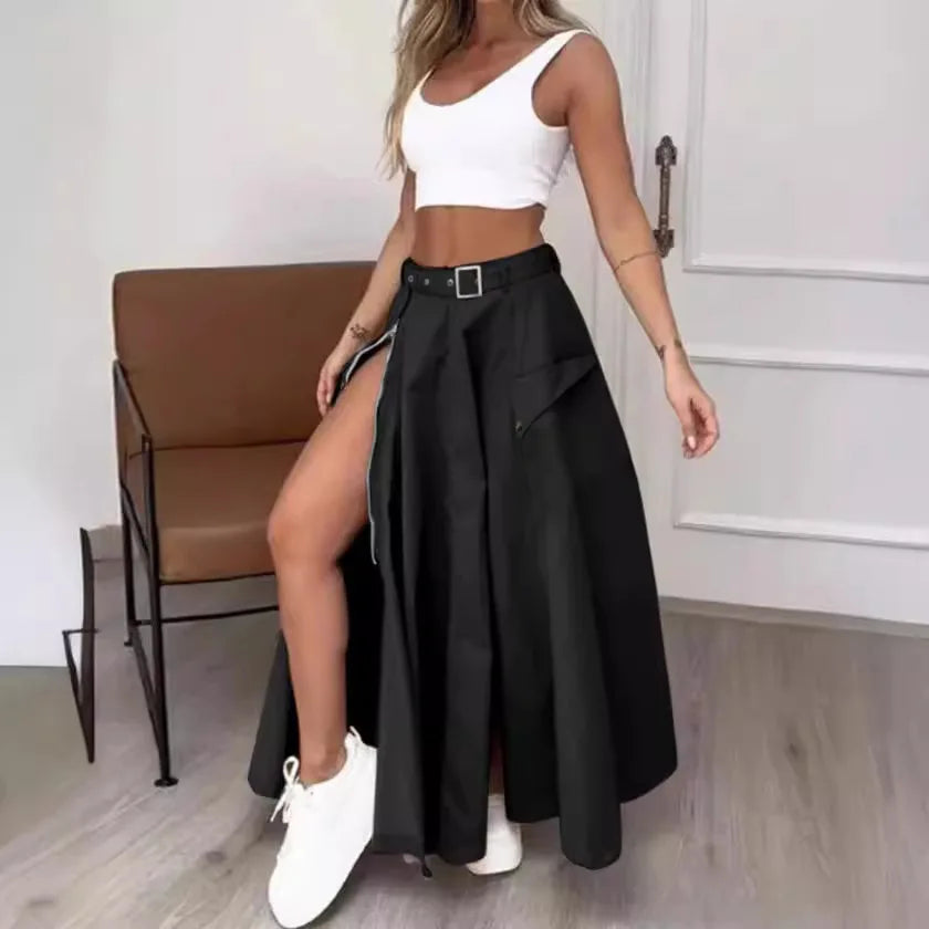 Elegant Irregular Split High-Waist A-Line Skirt for Women