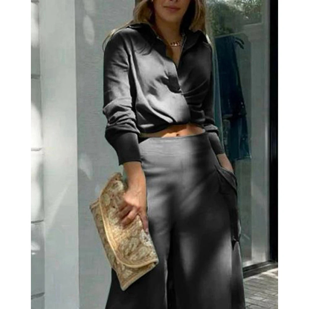 Women Solid Long Sleeve Ruched Crop Shirt & High Waist Pants