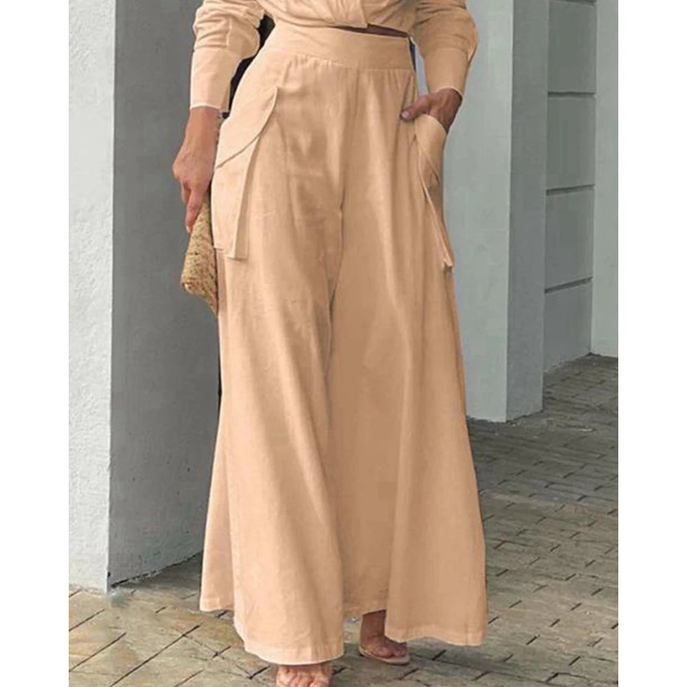 Women Solid Long Sleeve Ruched Crop Shirt & High Waist Pants