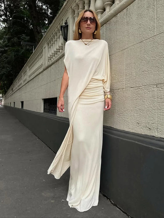 Nibber Elegant 2-Piece Set – Irregular Sleeve Crop Top &amp; Elastic Waist Long Skirt