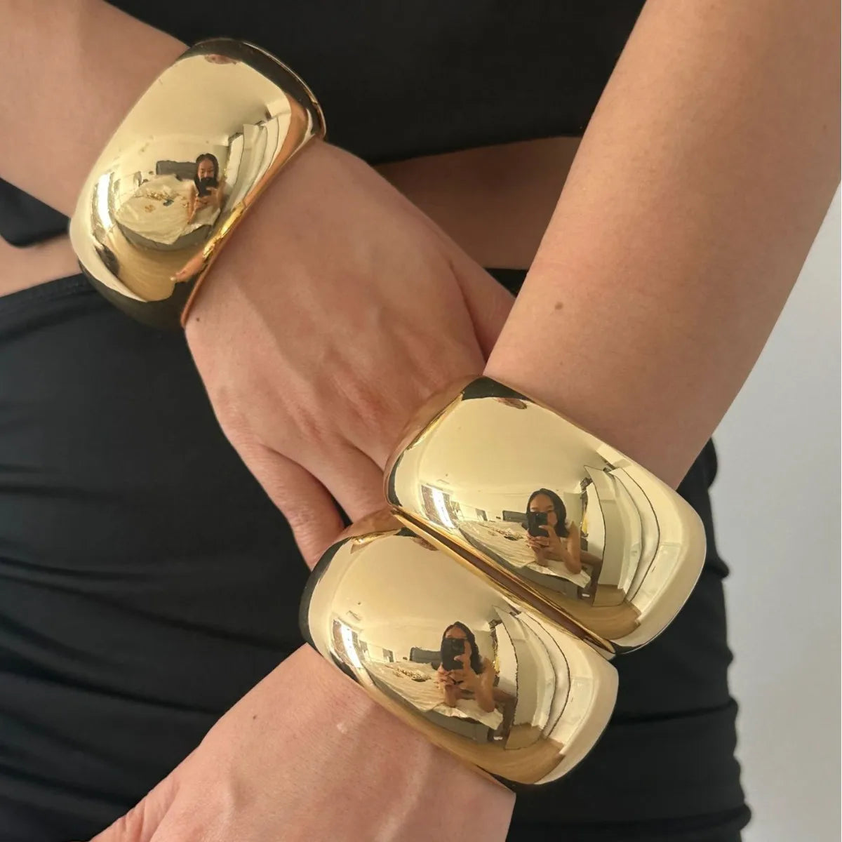 Two Exaggerated Punk Gold Color Chunky Wide Bangles