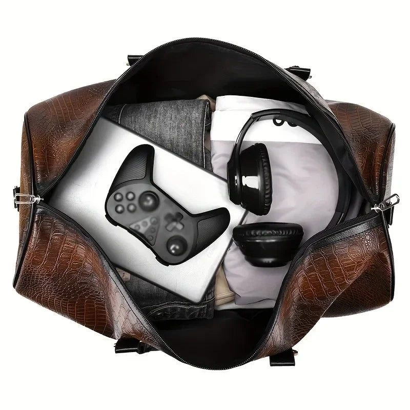 Large Capacity Retro Crocodile-Textured Travel Duffel Bag