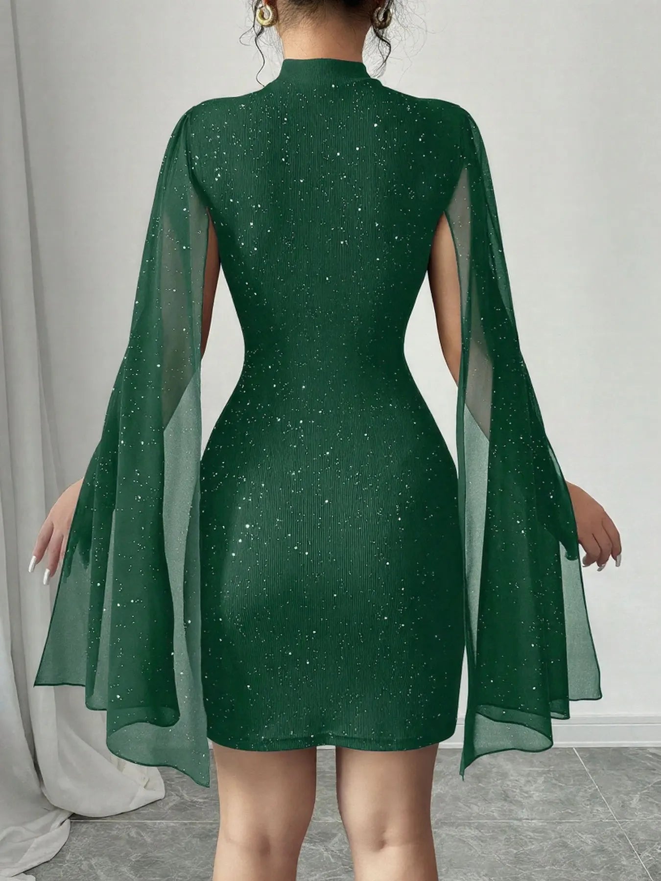 Sexy Women's Stand Collar Cape Mini Dress Sequins Sparkling Club Party