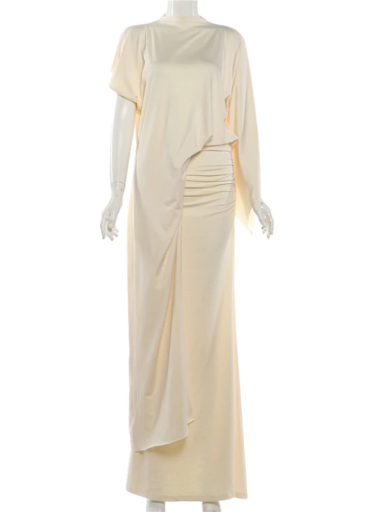 Nibber Elegant 2-Piece Set – Irregular Sleeve Crop Top &amp; Elastic Waist Long Skirt