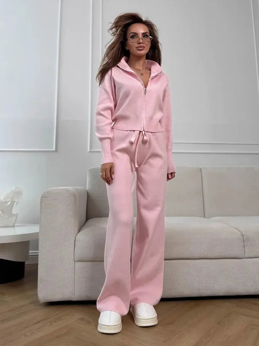 Effortless Elegance for Every Season Zip Up Knit Pants Set