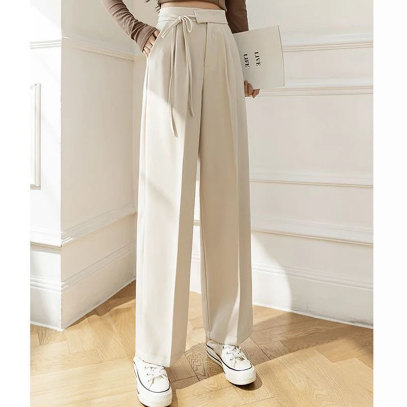 Spring Women Lace Up Straight Leg Suit Pants