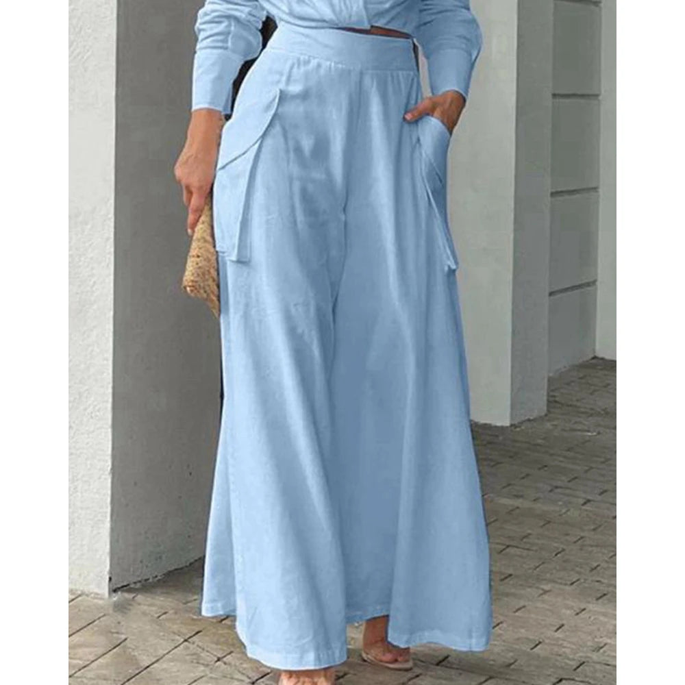 Women Solid Long Sleeve Ruched Crop Shirt & High Waist Pants