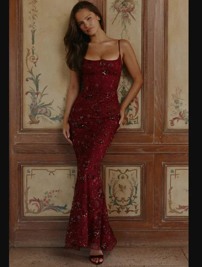 Retro Flora Sequin Maxi Sling Dress for Women