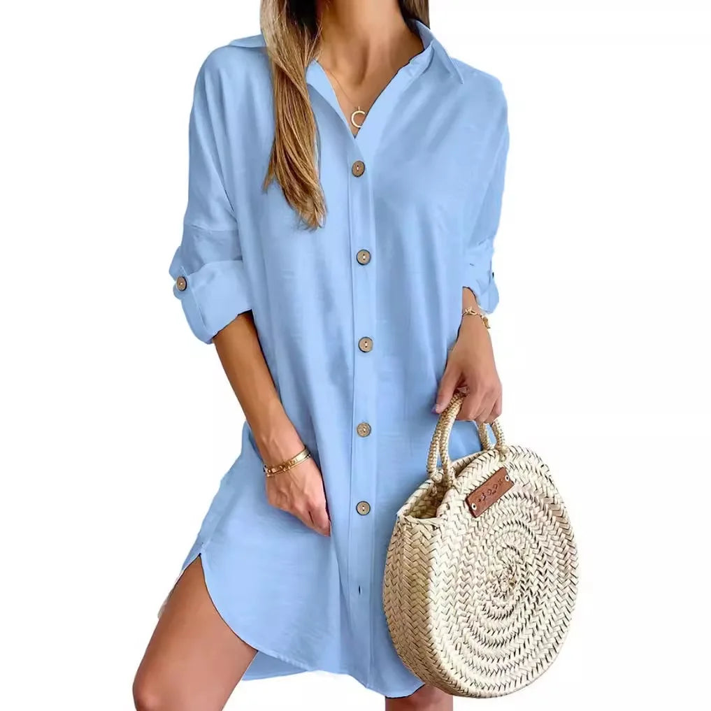 Solid Color Button Front Shirt Dress Casual Long Sleeve