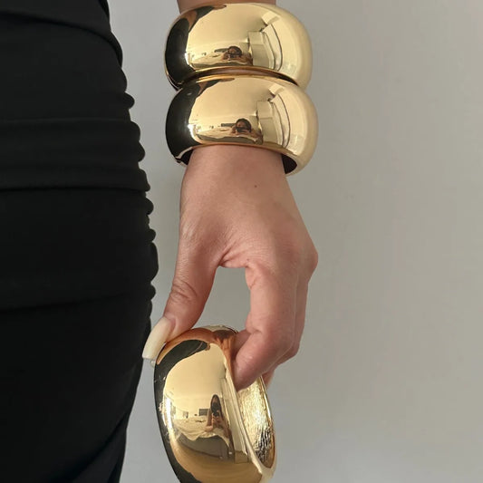 Two Exaggerated Punk Gold Color Chunky Wide Bangles