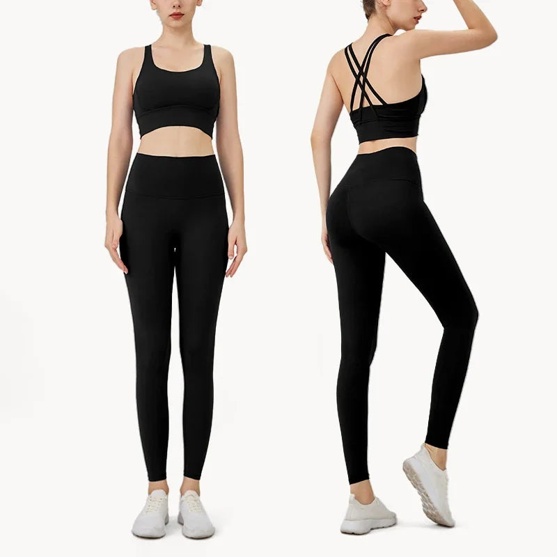 Summer New 2-Piece Yoga Set – Cross Back Sports Bra &amp; High-Waist Leggings