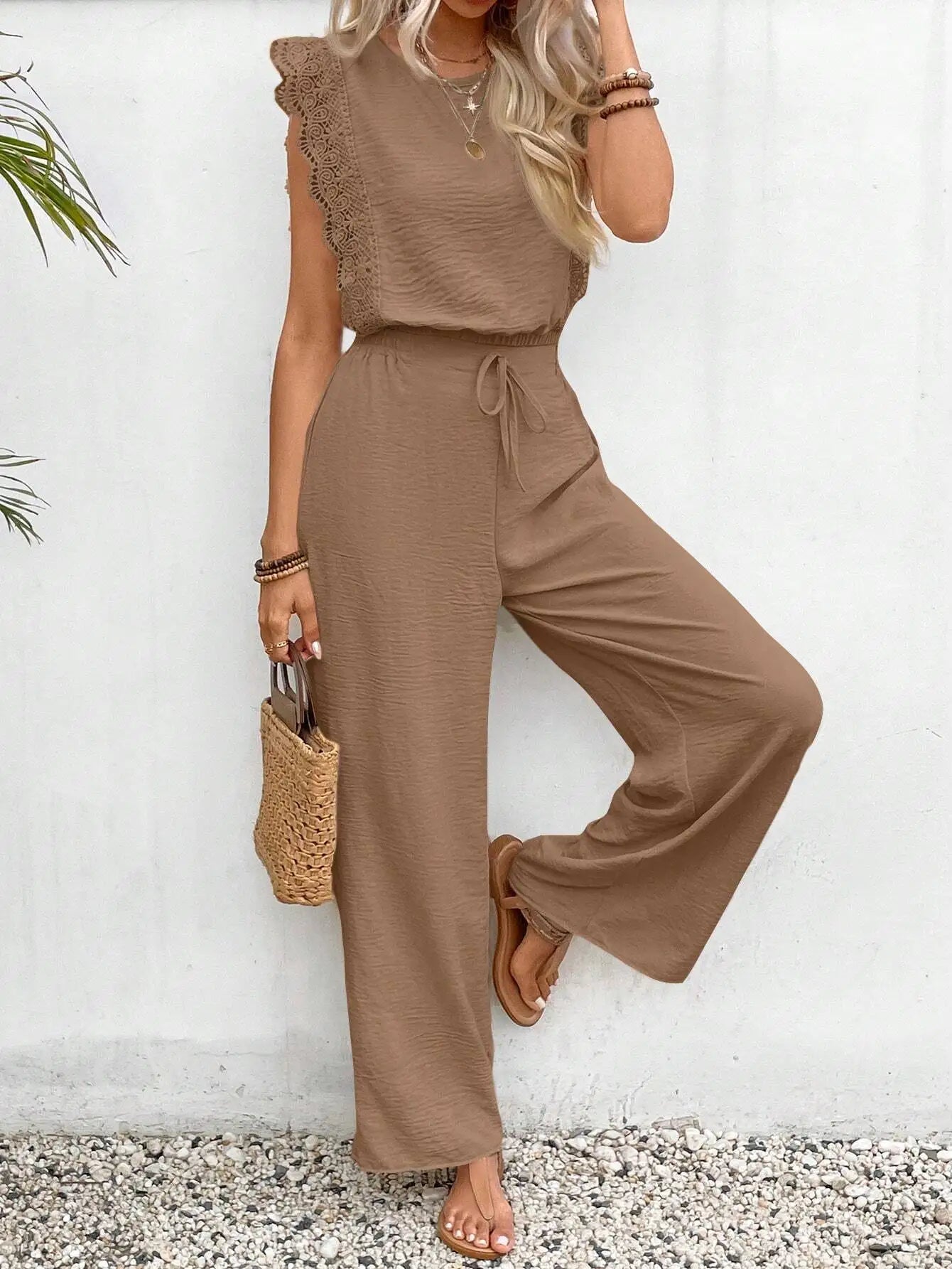 2026 Summer Women's Sleeveless O-Neck Top &amp; Elastic Waist Straight Pants 2-Piece Set