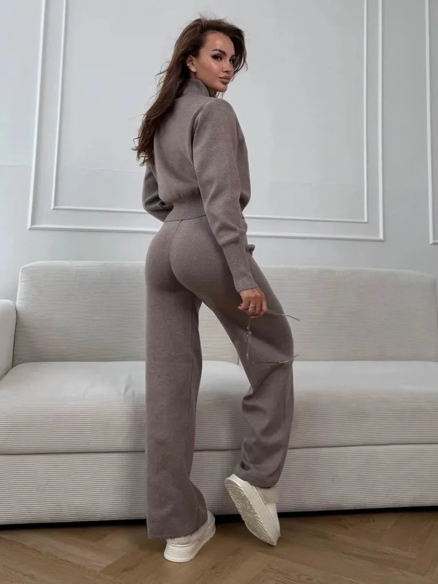 Effortless Elegance for Every Season Zip Up Knit Pants Set