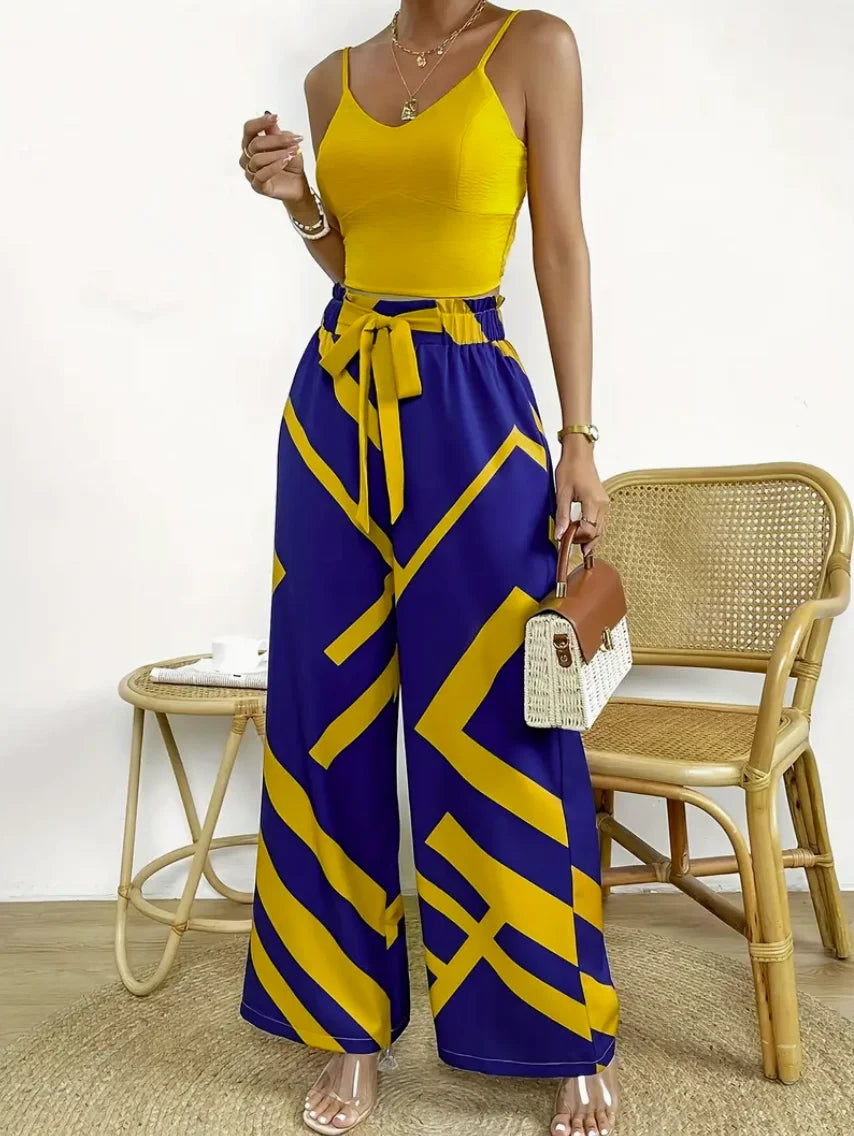 Geometric Pattern Print Wide Leg Pants Casual Loose Bow