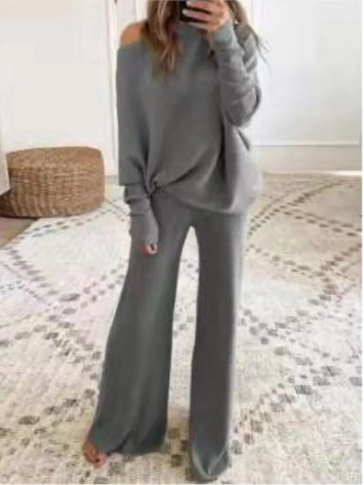 Fashion One-shoulder Long-sleeved Top + Straight Pants 2-piece Set