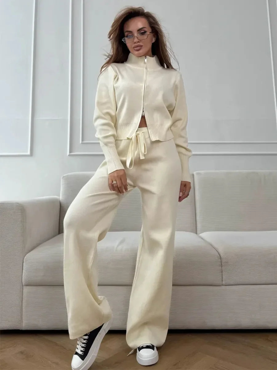 Effortless Elegance for Every Season Zip Up Knit Pants Set