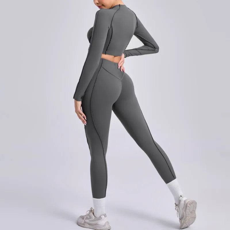 Seamless Yoga Sets Sports Fitness Hip-lifting High Waist Skinny Long-sleeved Suit Running Workout Gym Leggings Sets for Women