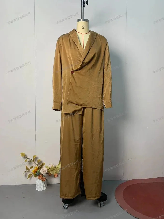 Women Pants 2 Piece Sets Top Blouse Wide Leg Trousers