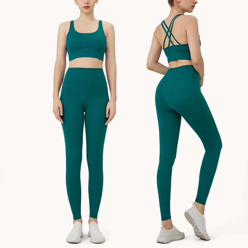 Summer New 2-Piece Yoga Set – Cross Back Sports Bra &amp; High-Waist Leggings