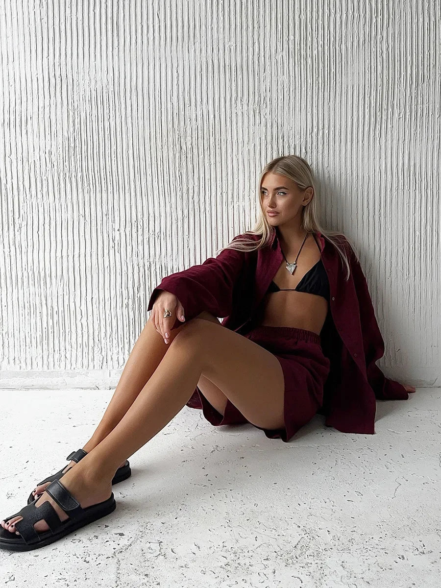 Wolfeel Women's Casual Shorts Sets 100% Cotton Solid Color