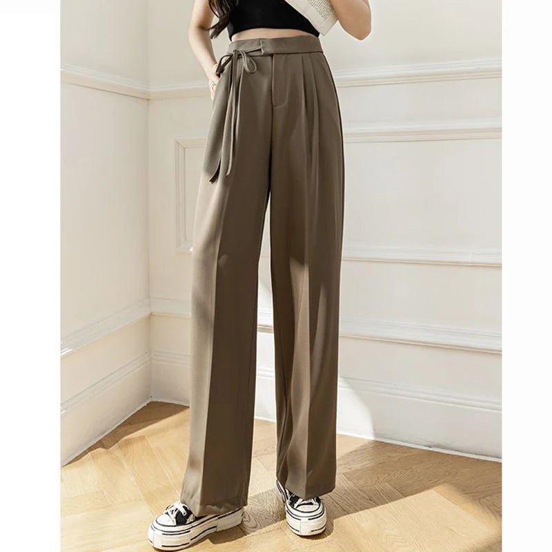 Spring Women Lace Up Straight Leg Suit Pants
