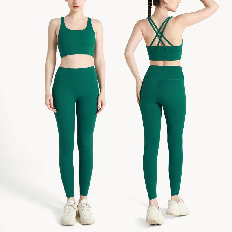 Summer New 2-Piece Yoga Set – Cross Back Sports Bra &amp; High-Waist Leggings