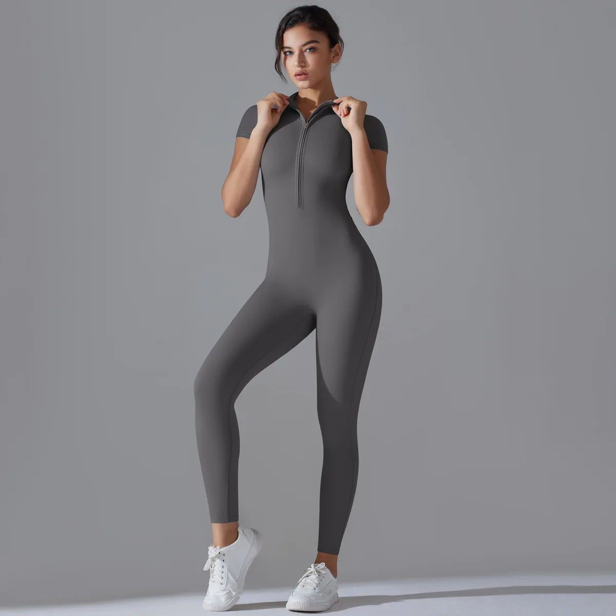 Naked Zipper Short-Sleeved Yoga Jumpsuit