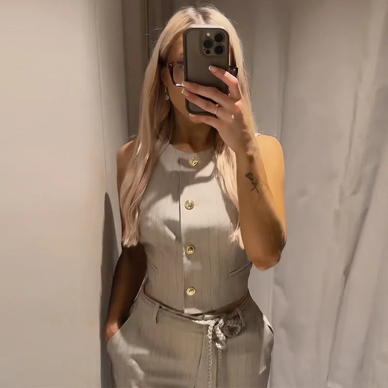 Metal Buttons Vests Belted Pants Suits Women's Slim Sleeveless Tank
