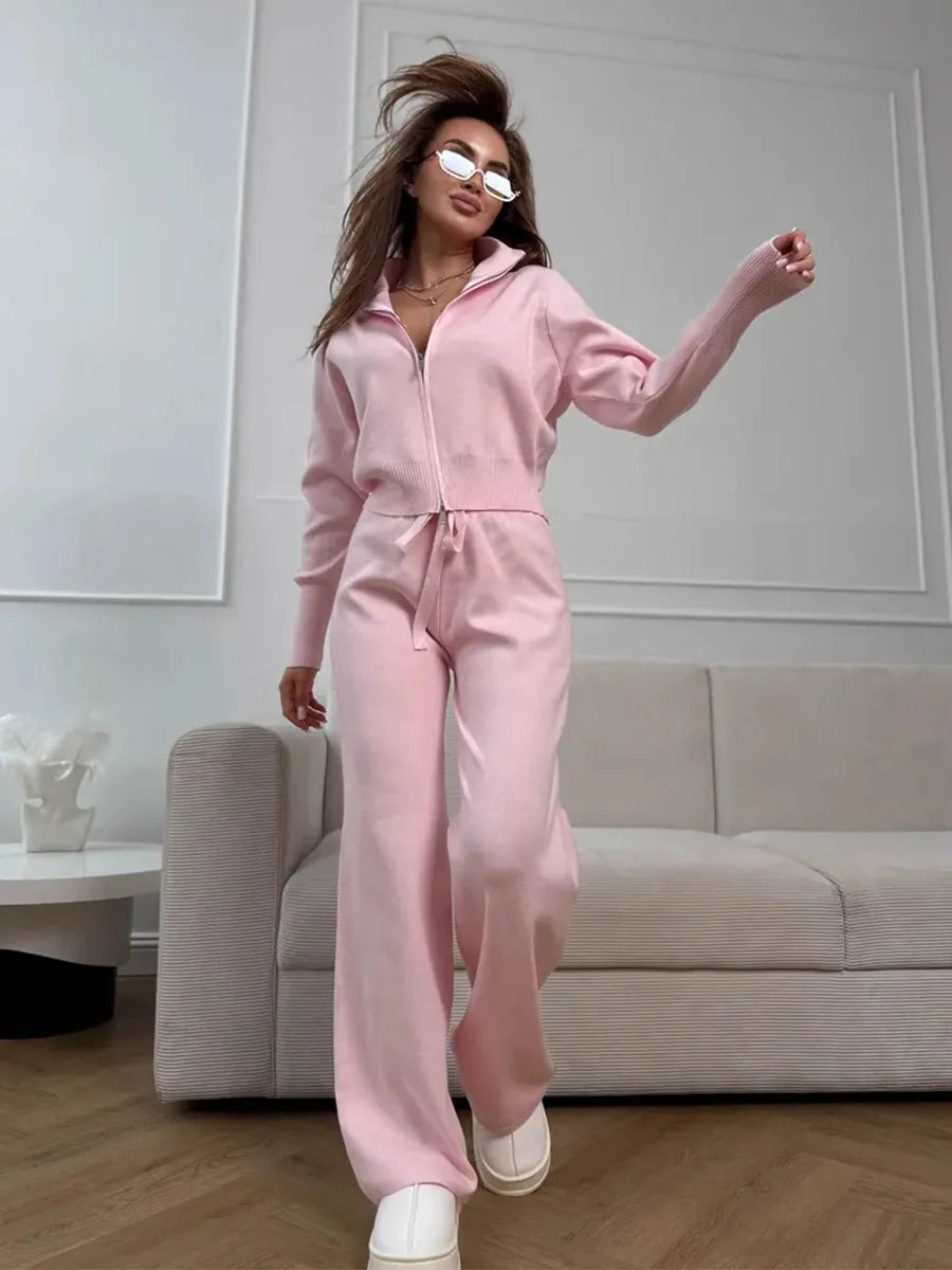 Effortless Elegance for Every Season Zip Up Knit Pants Set