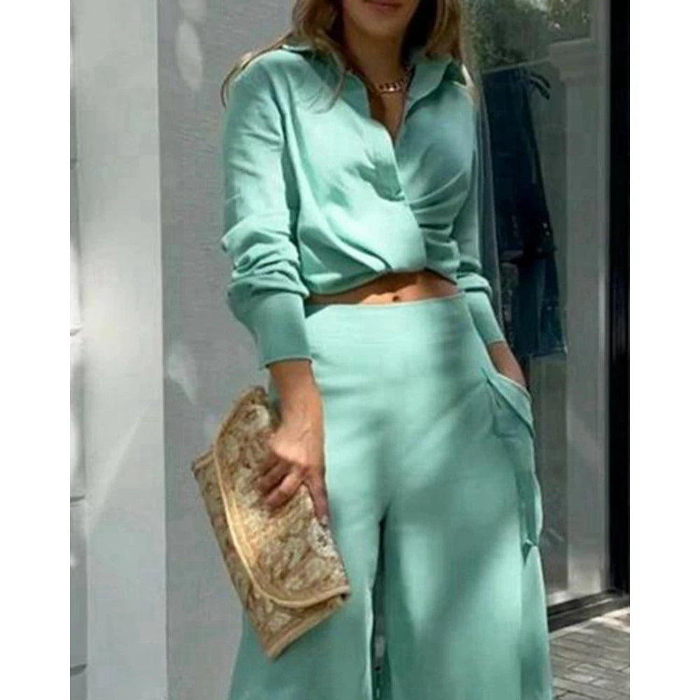 Women Solid Long Sleeve Ruched Crop Shirt & High Waist Pants