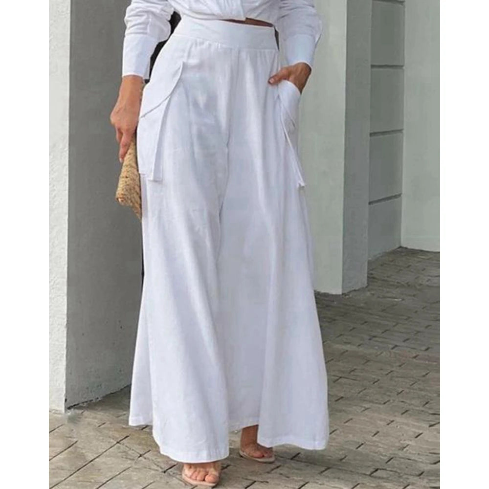 Women Solid Long Sleeve Ruched Crop Shirt & High Waist Pants