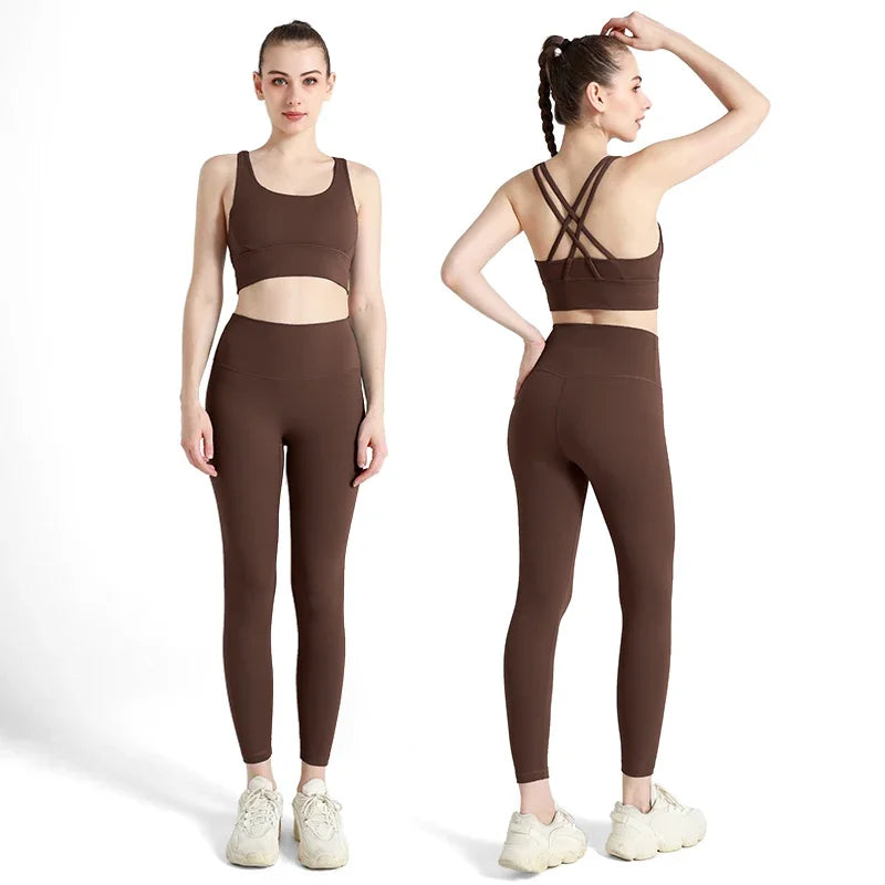 Summer New 2-Piece Yoga Set – Cross Back Sports Bra &amp; High-Waist Leggings