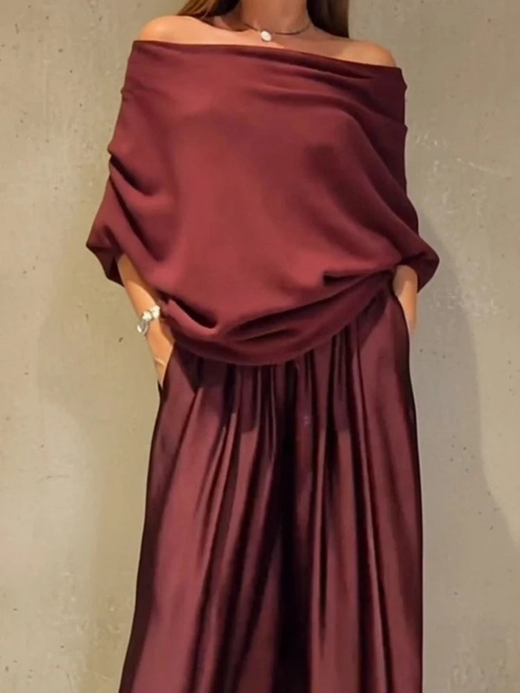 Elegant Slash Collar Off Shoulder Top&Satin Wide Leg Pants Sets