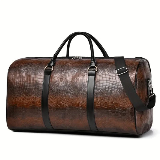 Large Capacity Retro Crocodile-Textured Travel Duffel Bag