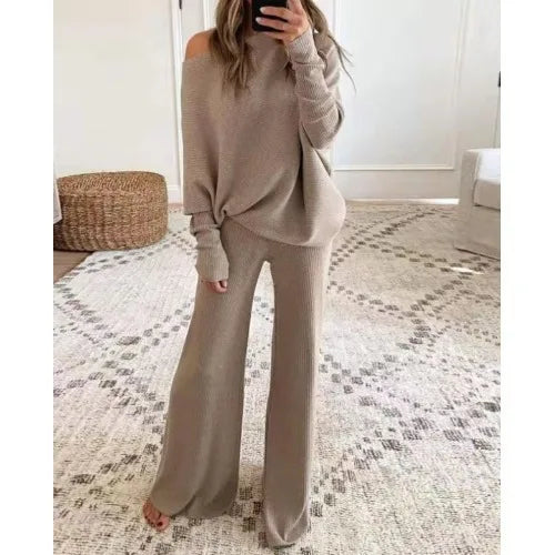 Fashion One-shoulder Long-sleeved Top + Straight Pants 2-piece Set
