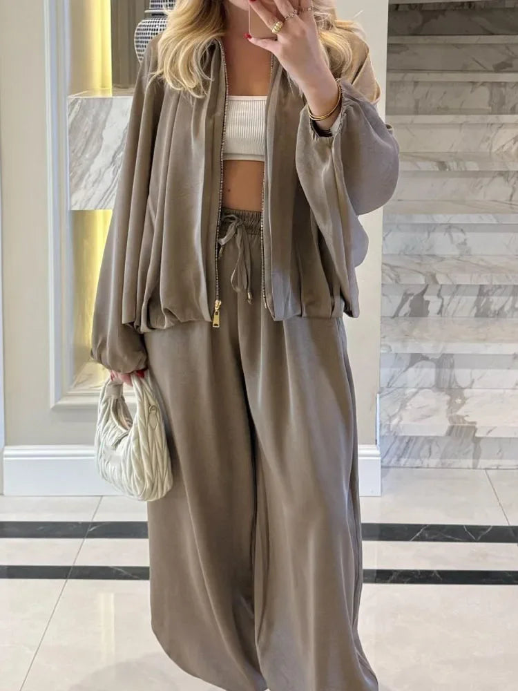 Fashion Elastic Waist Pants Sport Suit Elegant Zipper Jacket & Long Pant Outfits