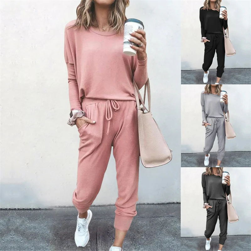 Hot Women's Long Sleeve Round Neck Top and Pants Set