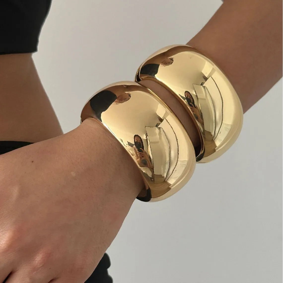 Two Exaggerated Punk Gold Color Chunky Wide Bangles