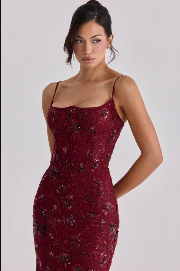 Retro Flora Sequin Maxi Sling Dress for Women