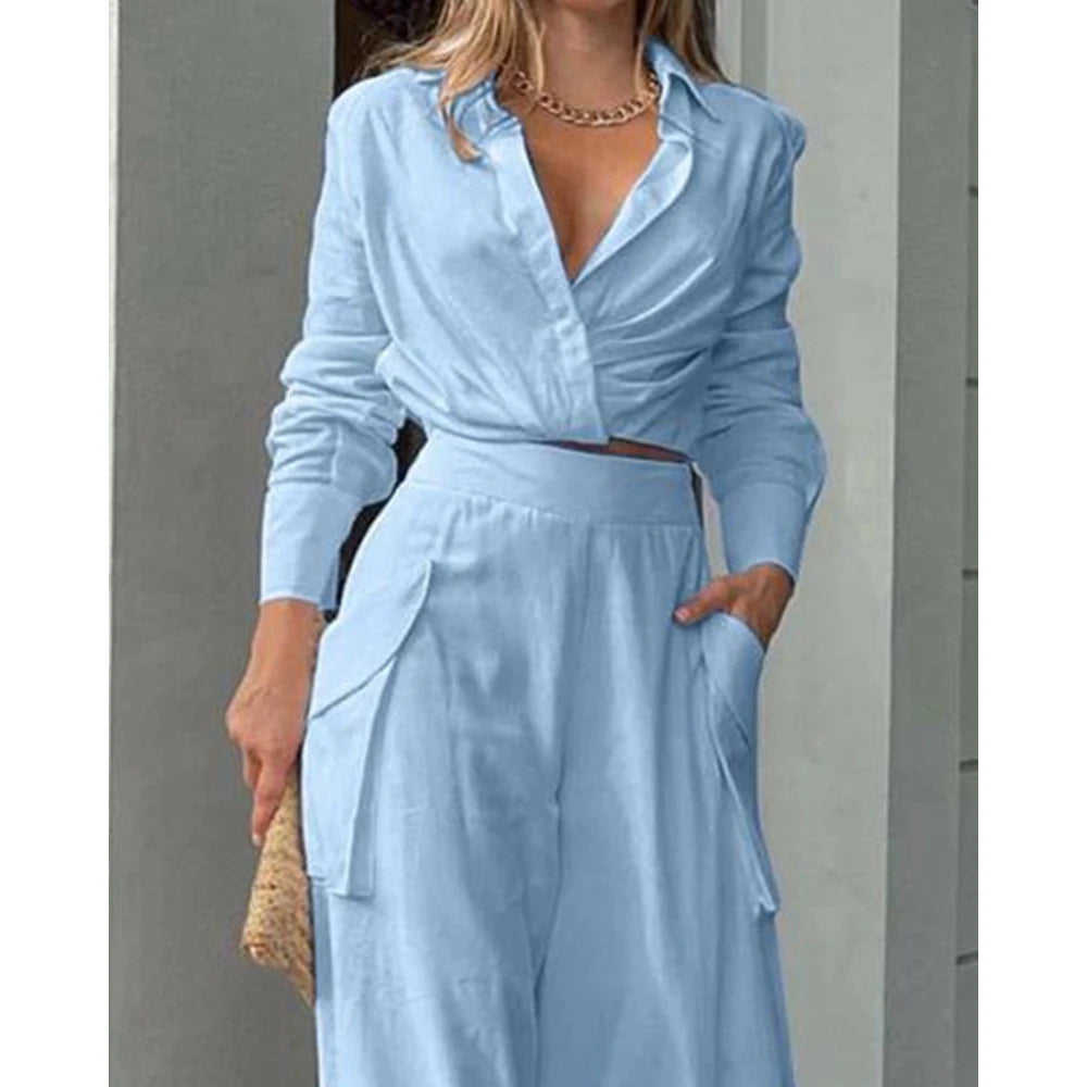 Women Solid Long Sleeve Ruched Crop Shirt & High Waist Pants