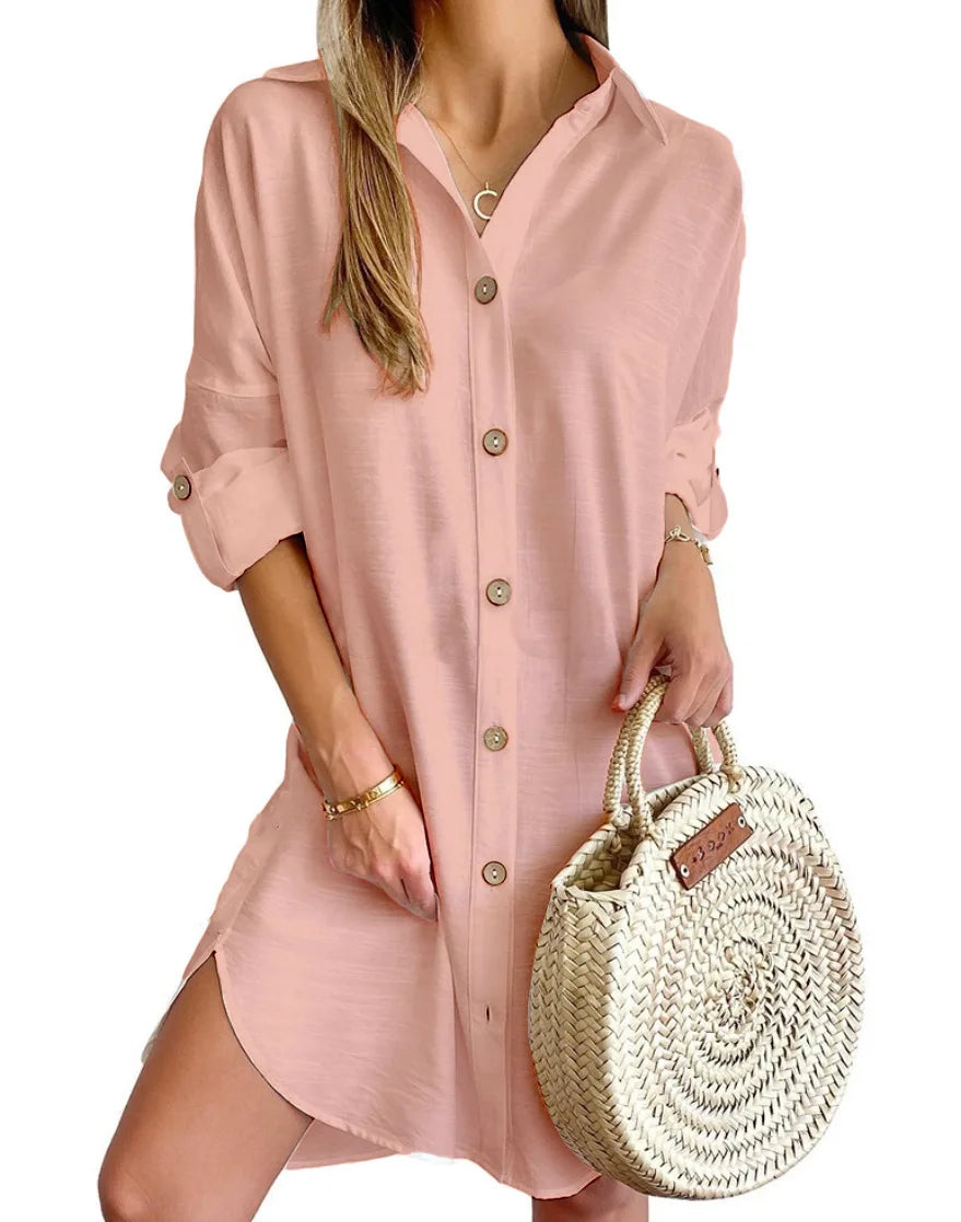 Solid Color Button Front Shirt Dress Casual Long Sleeve