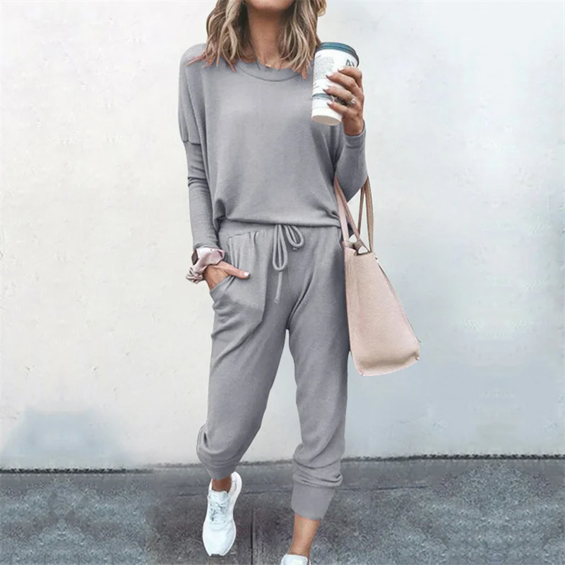 Hot Women's Long Sleeve Round Neck Top and Pants Set