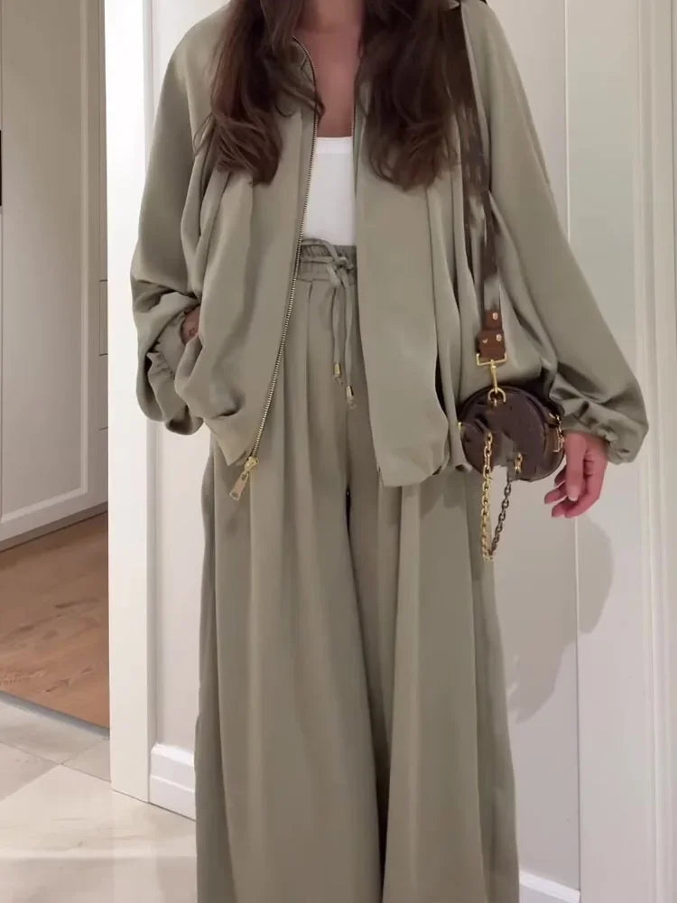 Fashion Elastic Waist Pants Sport Suit Elegant Zipper Jacket & Long Pant Outfits