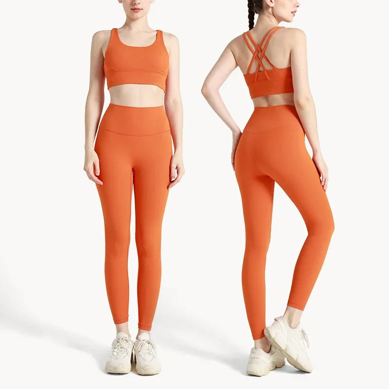 Summer New 2-Piece Yoga Set – Cross Back Sports Bra &amp; High-Waist Leggings